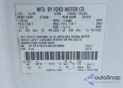 2010 Ford F150 Super Cab from USA, damaged, VIN 1FTFX1EV1AFA73930